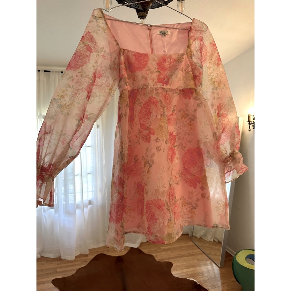 Romantic pink floral mini dress - size S